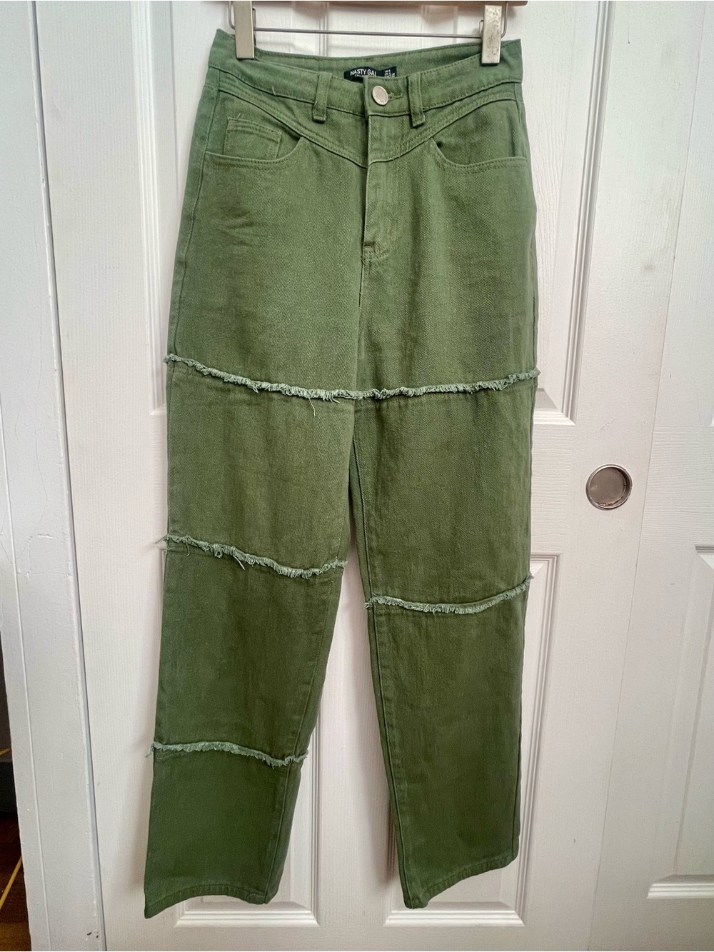 Nasty Gal Olive Green High-Waist frayed Panelled Straight Leg Jeans Size 4